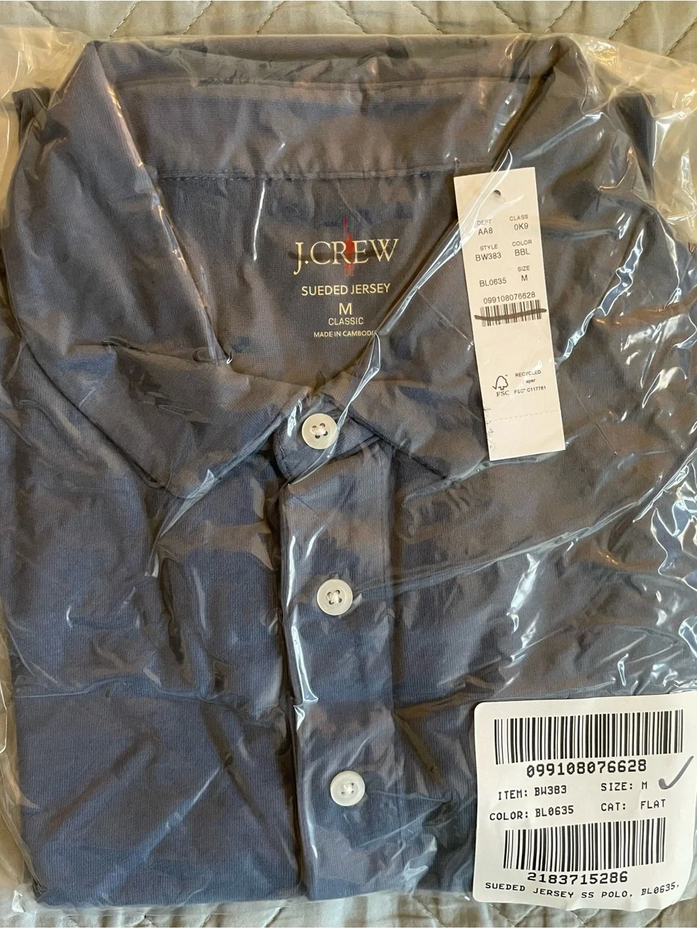 J. CREW sueded cotton polo shirt in Bellport Blue Size M NWD $55 BW383